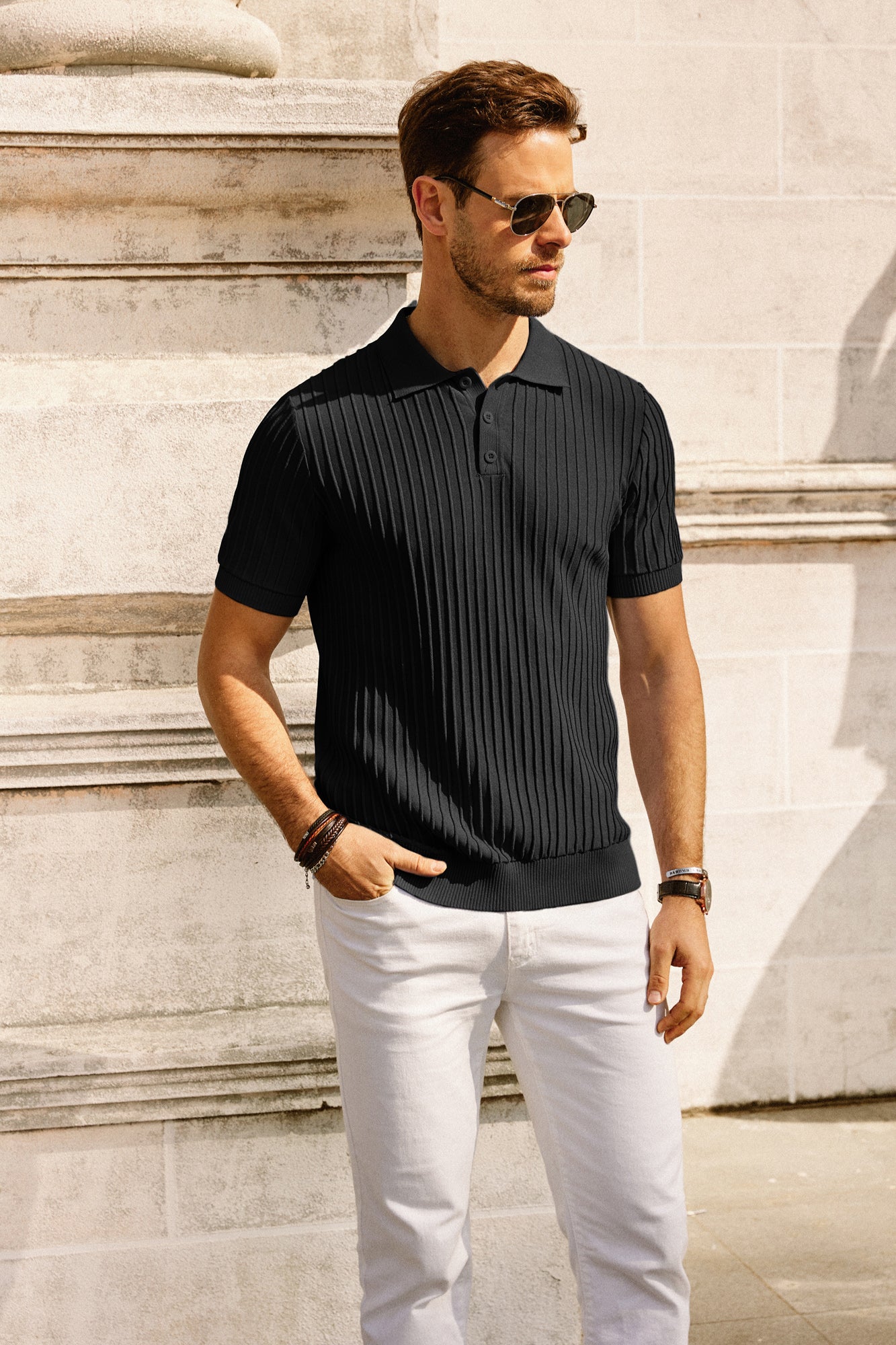  PJ PAUL JONES Mens Knitted Polo Shirt Short Sleeve Knit Texture  Shirt Men Knitting Golf T Shirts : Clothing, Shoes & Jewelry