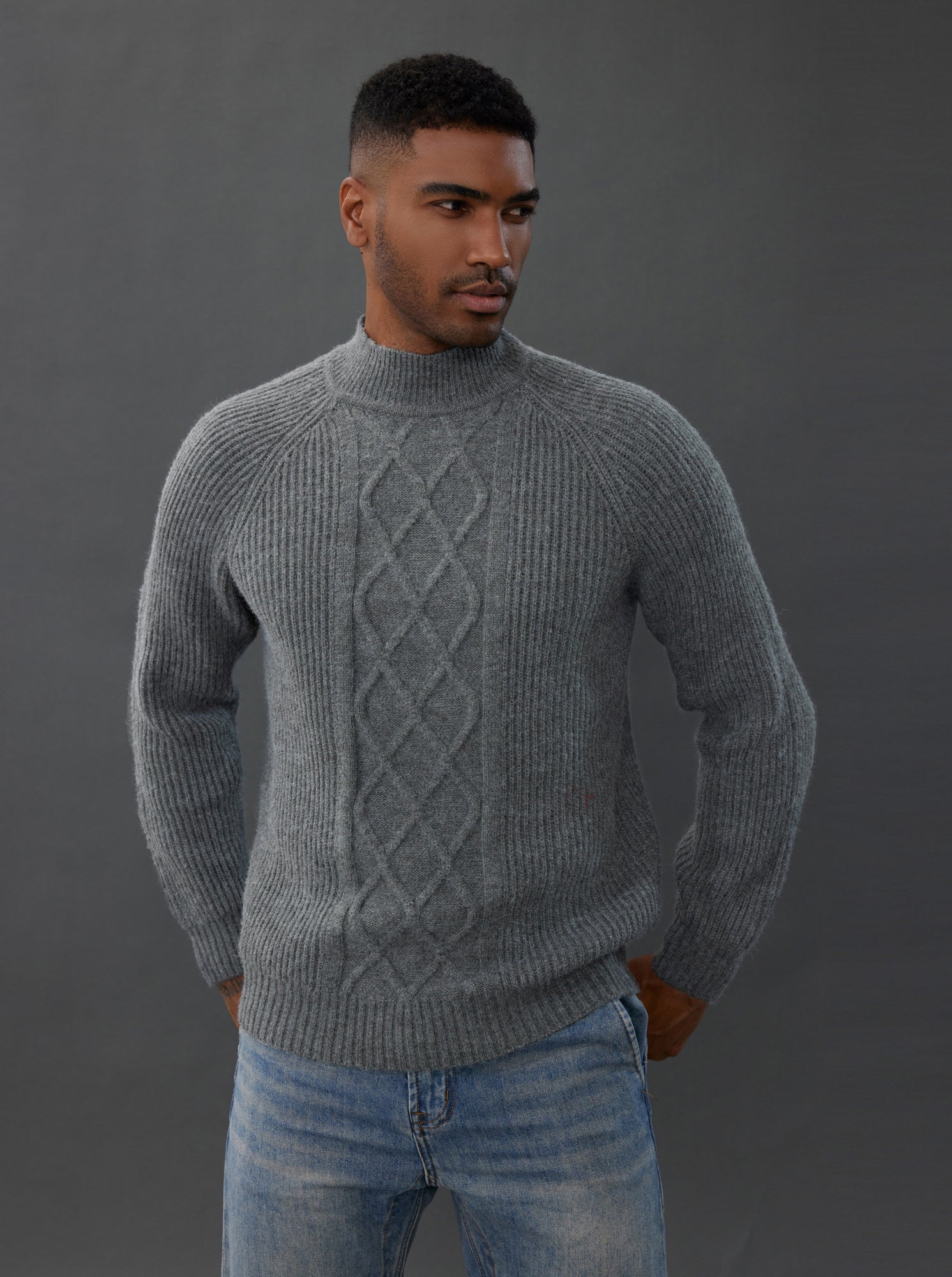 Men's Mock Neck Sweater Casual Cable Twisted Knitted Pullover