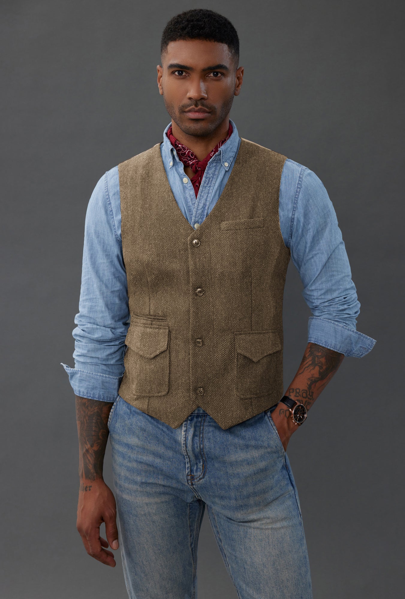 Jeans Brown Herringbone Waistcoat Brown Waistcoat Men's - Main Image