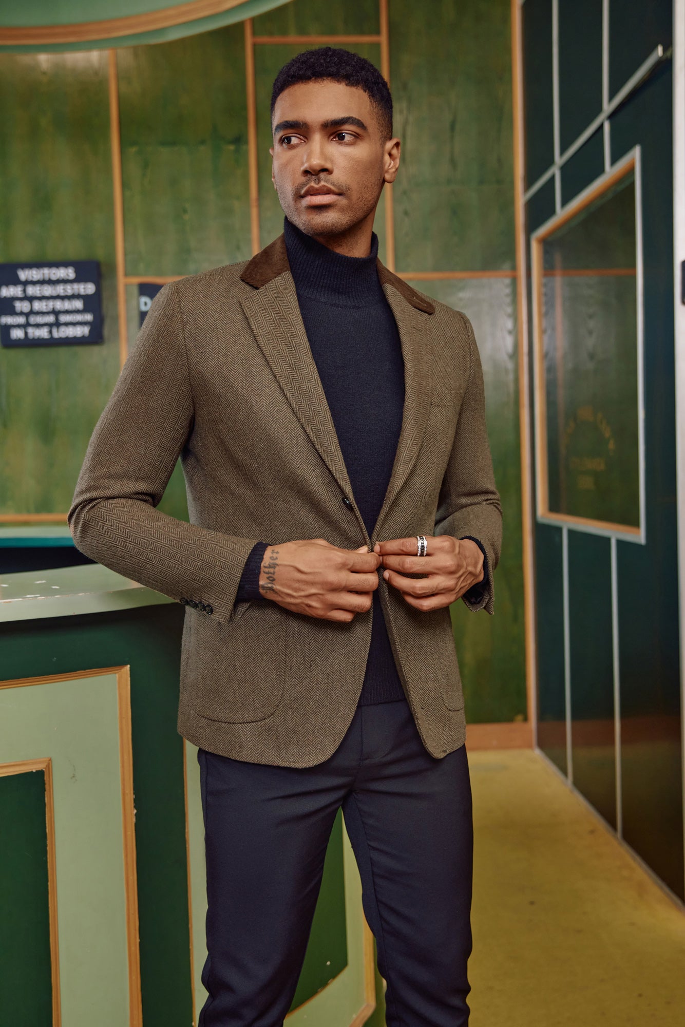 Mens Herringbone Two Button Blazer Vintage Tweed Wool Blend Sport