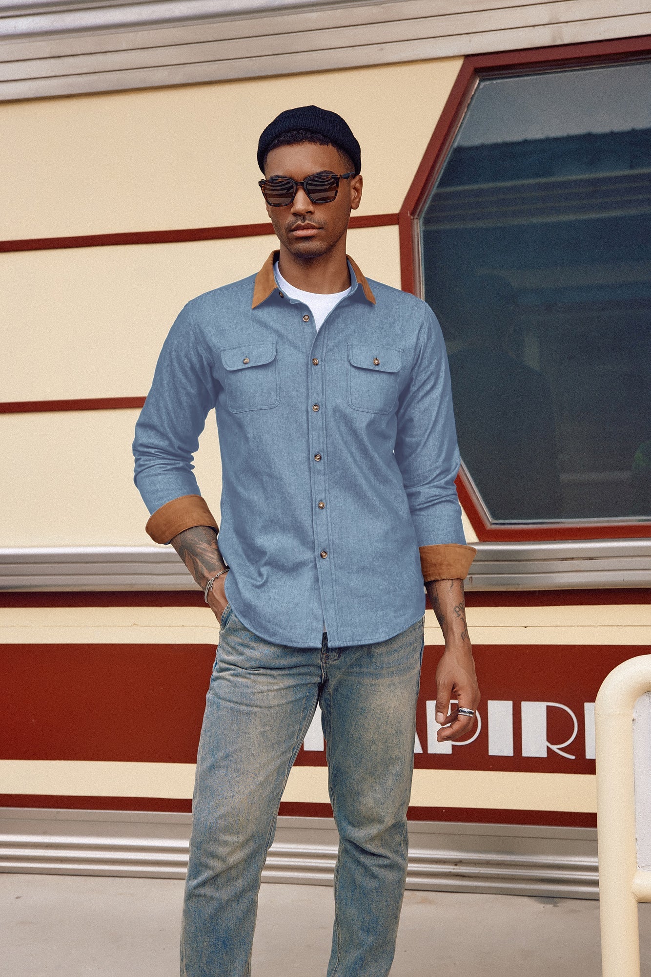 jean dress shirt men Men's Vintage Denim Long Sleeve Lapel Collar Shirts Cotton Button Down Cardigans Shirt Modern Laser-cut Big Floral Size:34W L32 A refined take on subcategory3:Green Mini Dresses