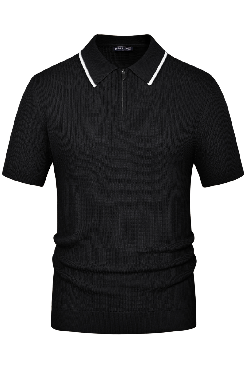 Men Stylish Lapel Collar Knitted Polo-Shirt Short Sleeve Zip-up Men Stylish Lapel Collar Knitted Polo-Shirt Short Sleeve Zip-up