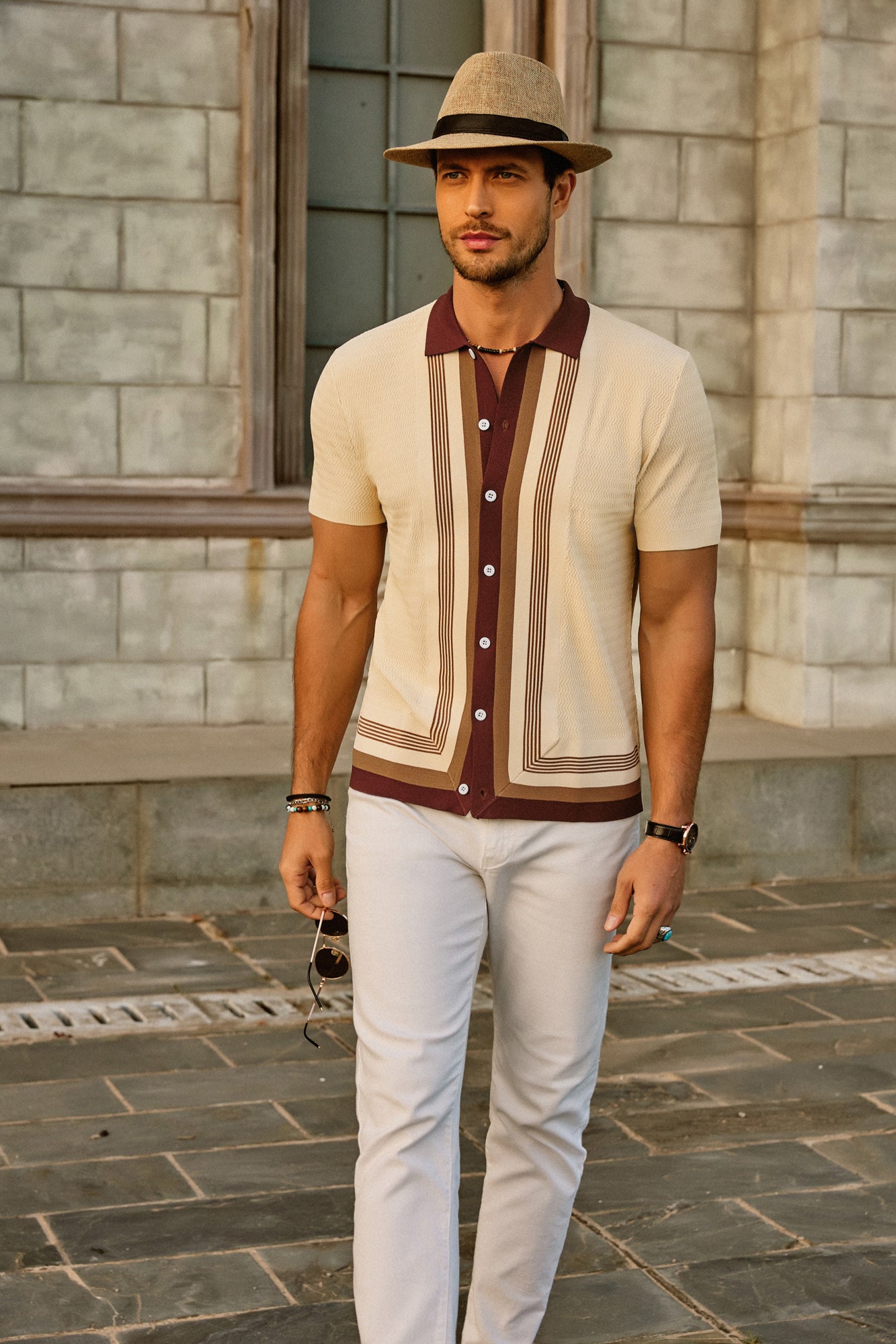 Men's Vintage Stripe Knit Polo Shirts Short Sleeve Stylish Button