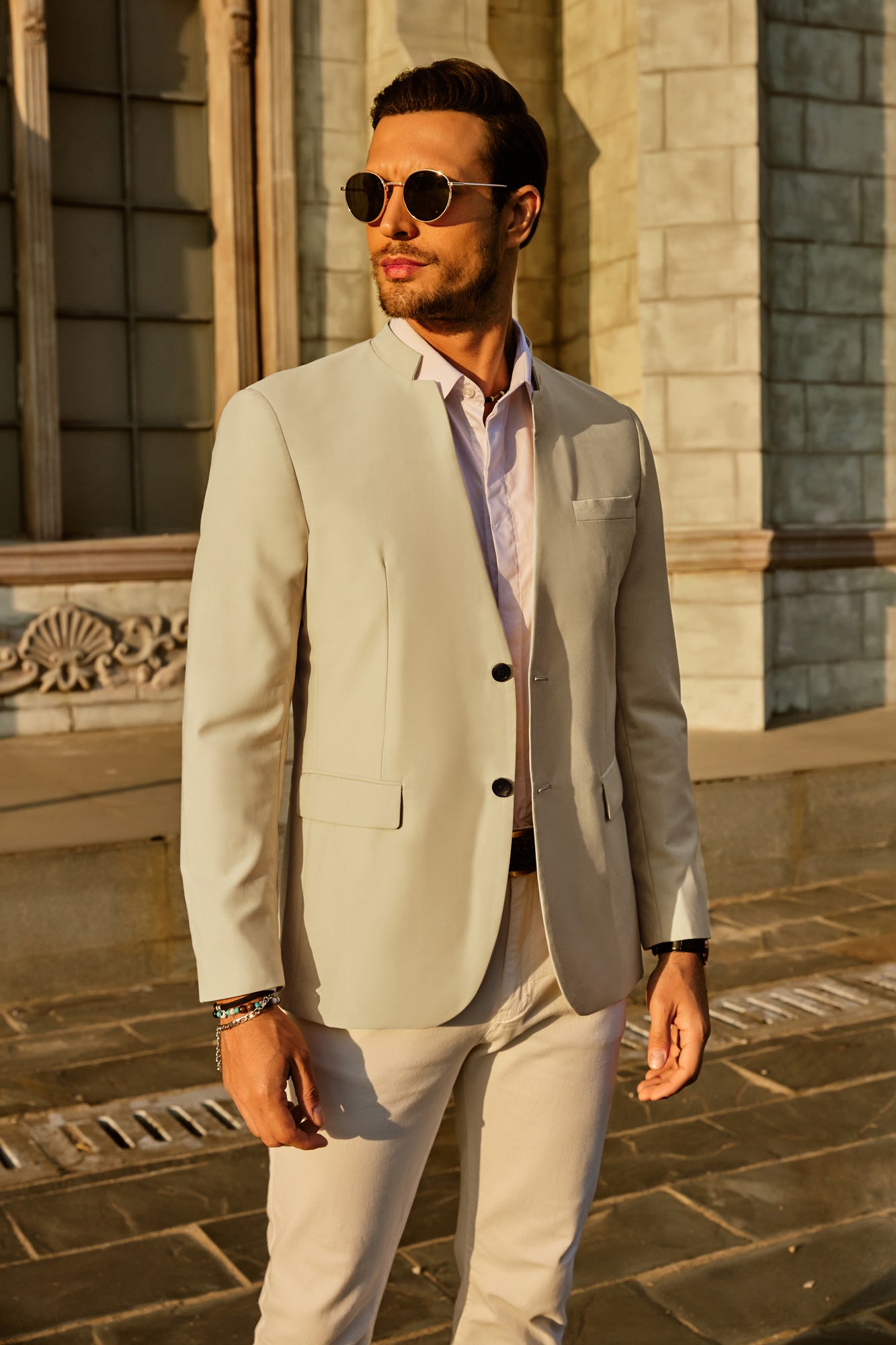 Mens Blazer Grandad Collar Blazer Chinese Collar Suit Jacket For