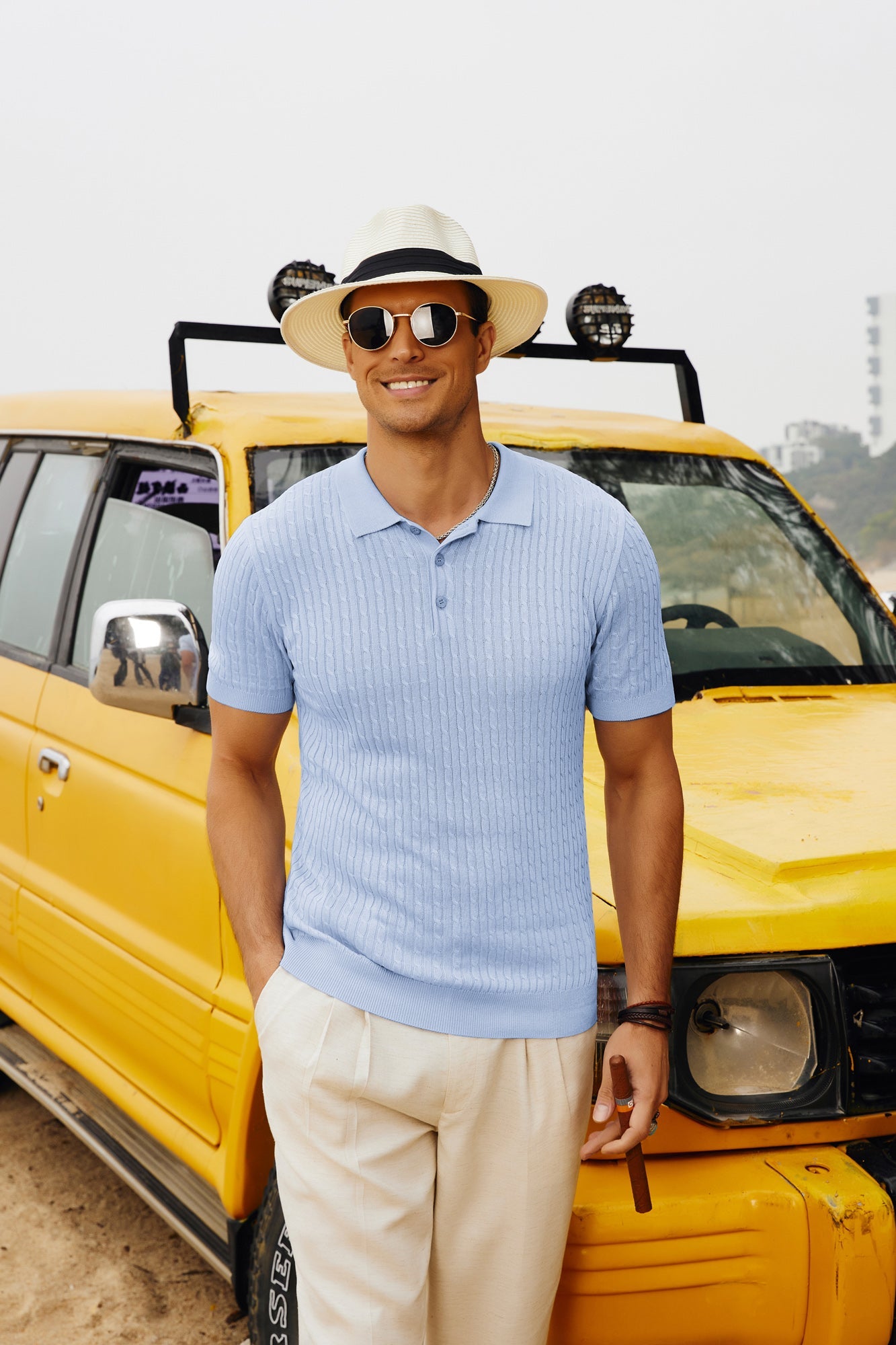 Men's Short Sleeve Polo Pullover Shirts Classic Cable Knitted Golf