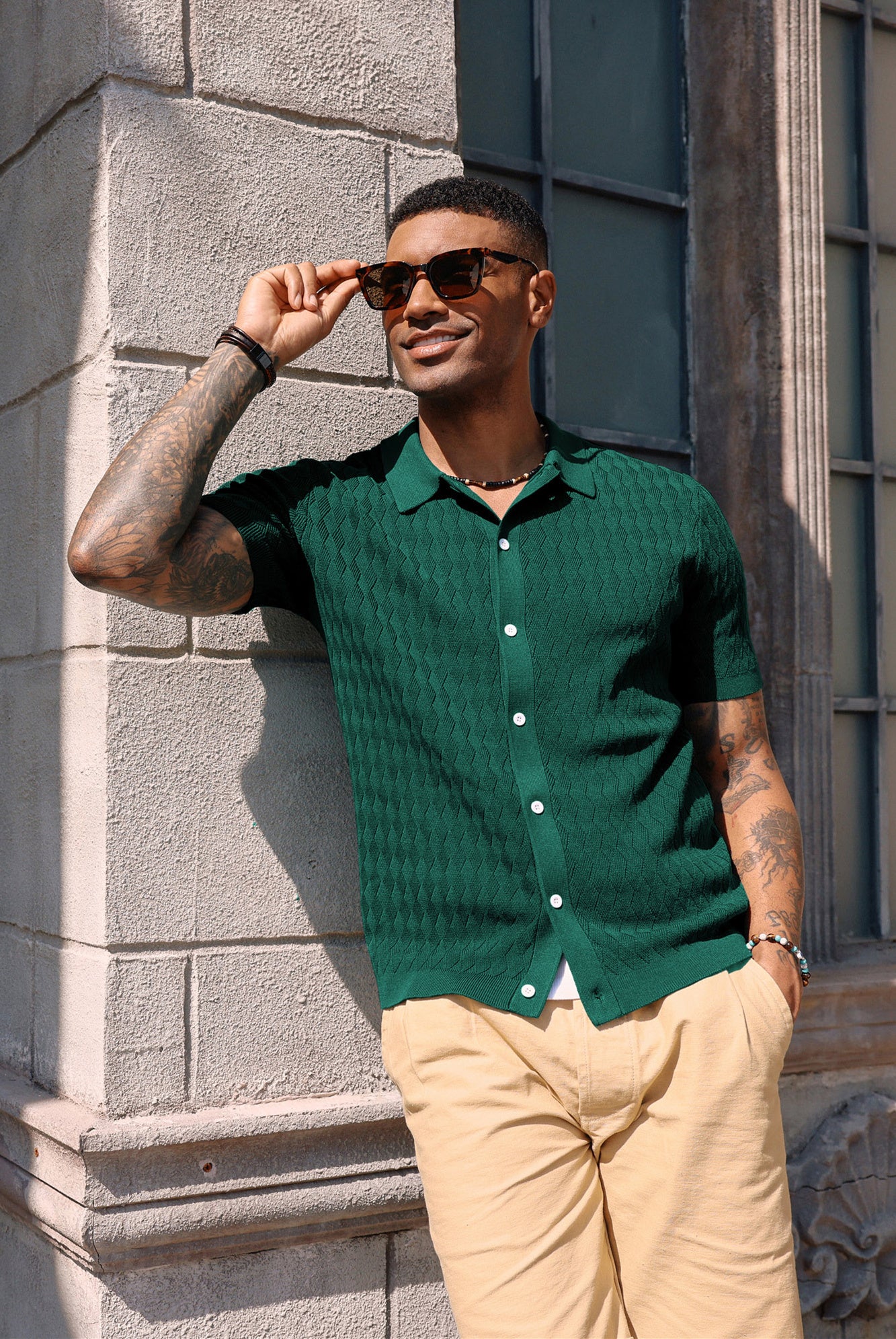 Mens Polo Cardigan Shirts Vintage Argyle Short Sleeve Knitting