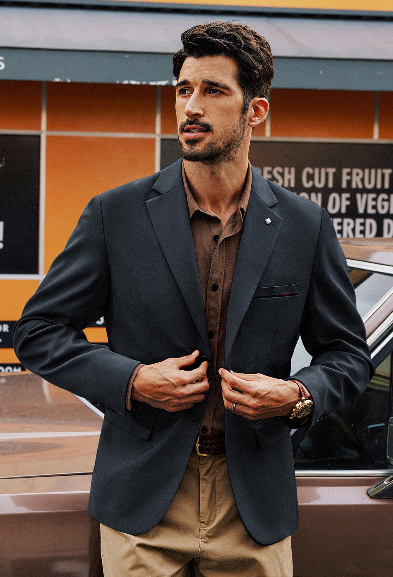 Men Two-Button Blazer Coat Long Sleeve Notch Lapel Back Slit Suit 
