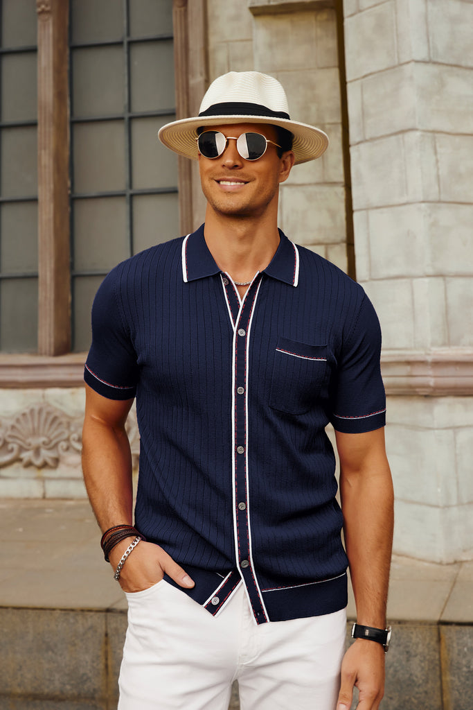 Men's Short Sleeve Knit Polo Cardigans Shirts Vintage Golf Polo