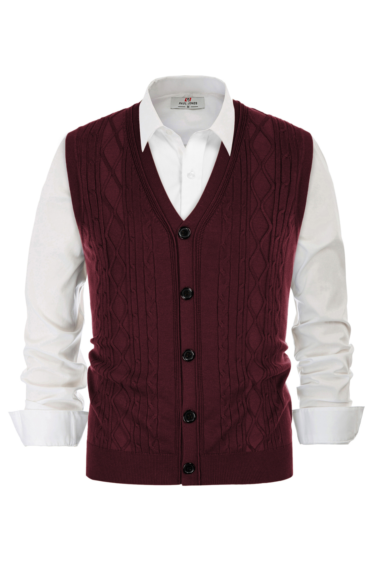 Mens V-Neck Sweater Vest Cable Knitted Button-Up Sleeveless