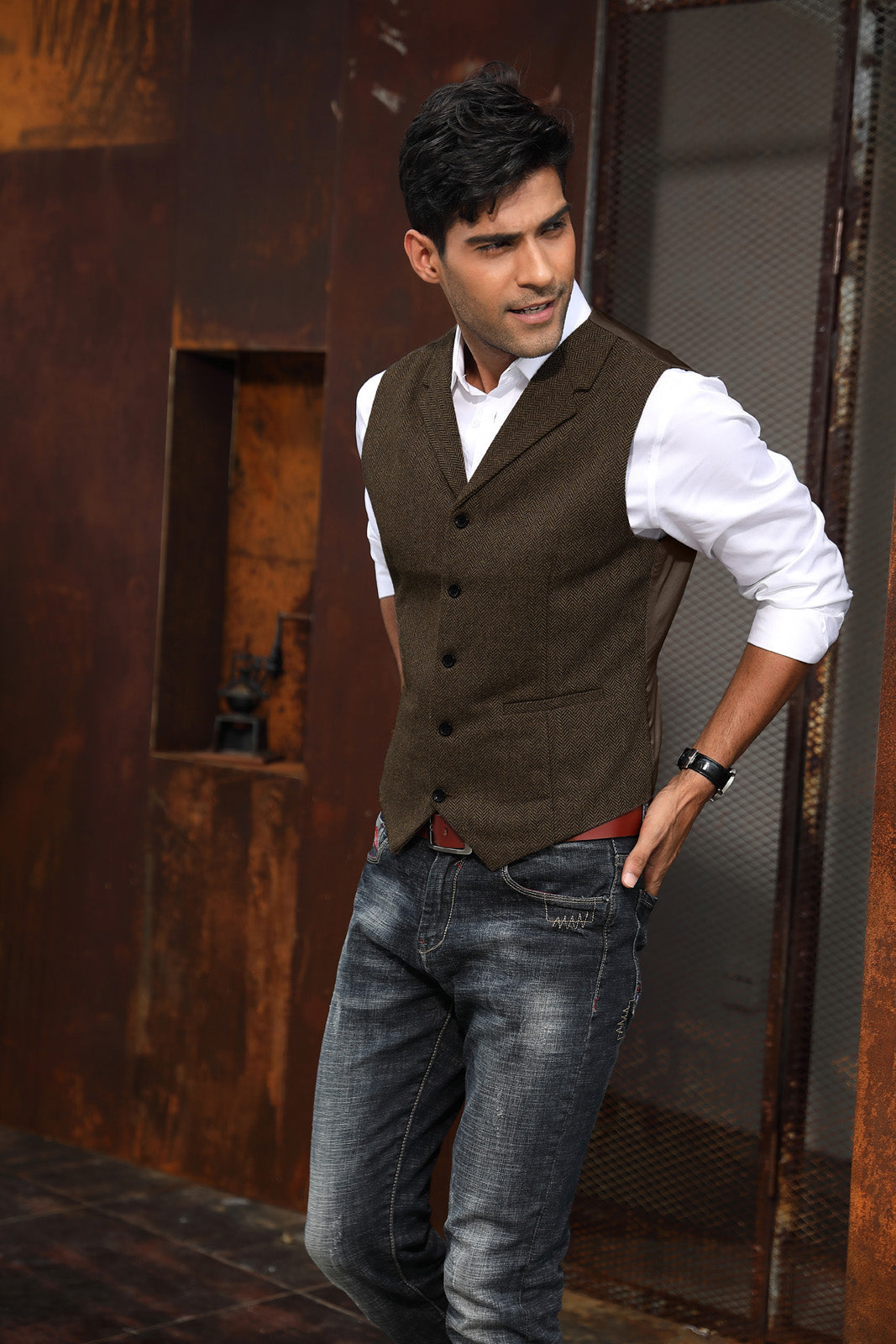 thumbnail image 2 of Men’s Vintage Wool Blend Herringbone Tweed Vest – Slim Fit Waistcoat For Western, Groom, Or Dress Wear 2 of 9